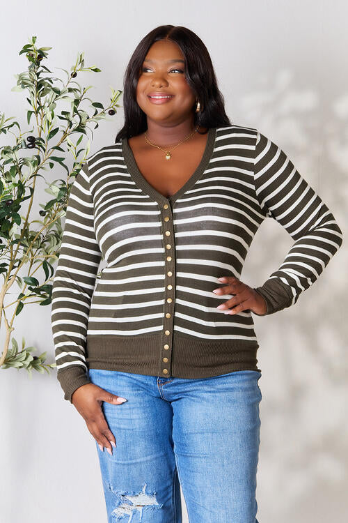 Zenana Olive Striped Snap Down Cardigan