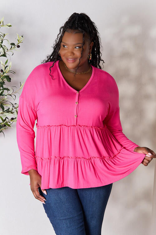 Double Take Half Button Long Sleeve Ruffle Hem Blouse - Multiple Colors!