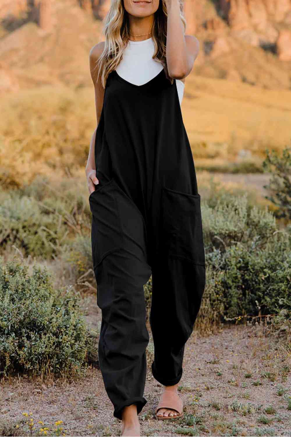 Double Take V-Neck Sleeveless Jumpsuit with Pocket - Multiple Colors!