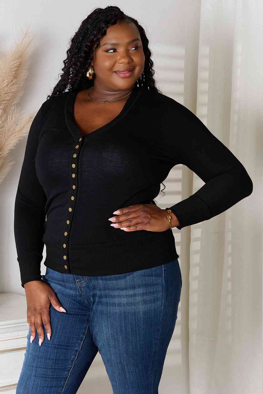 Zenana V-Neck Long Sleeve Snap Cardi