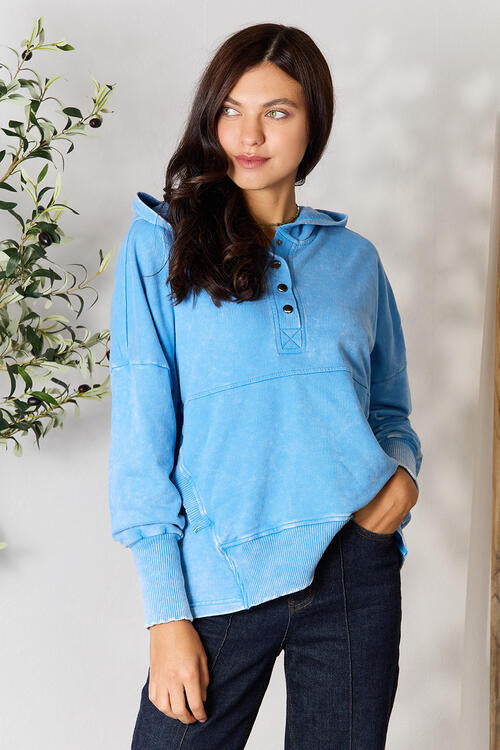 French Terry Acid Wash Half Snap Kangaroo Pocket Hoodie