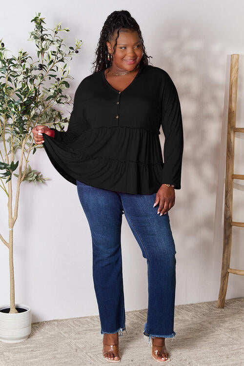 Double Take Half Button Long Sleeve Ruffle Hem Blouse - Multiple Colors!