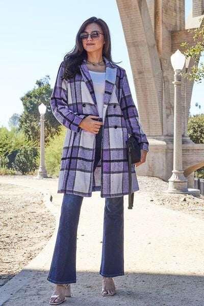 Double Take Plaid Button Up Lapel Collar Coat - Color Options!