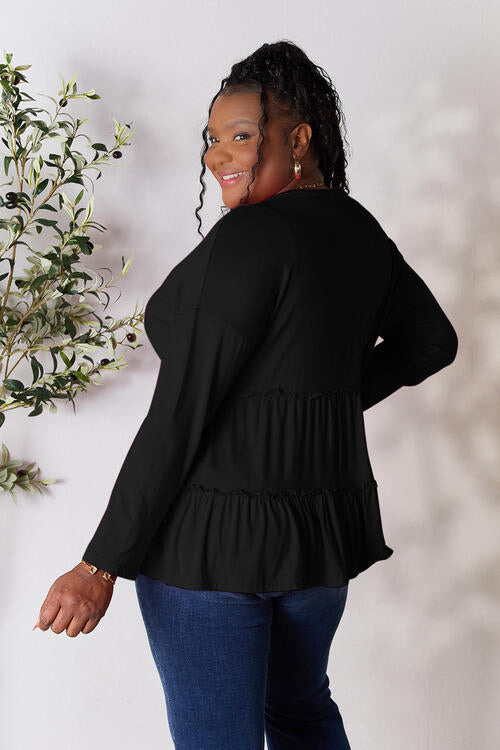 Double Take Half Button Long Sleeve Ruffle Hem Blouse - Multiple Colors!