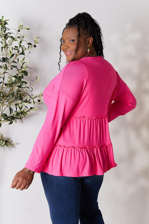 Double Take Half Button Long Sleeve Ruffle Hem Blouse - Multiple Colors!