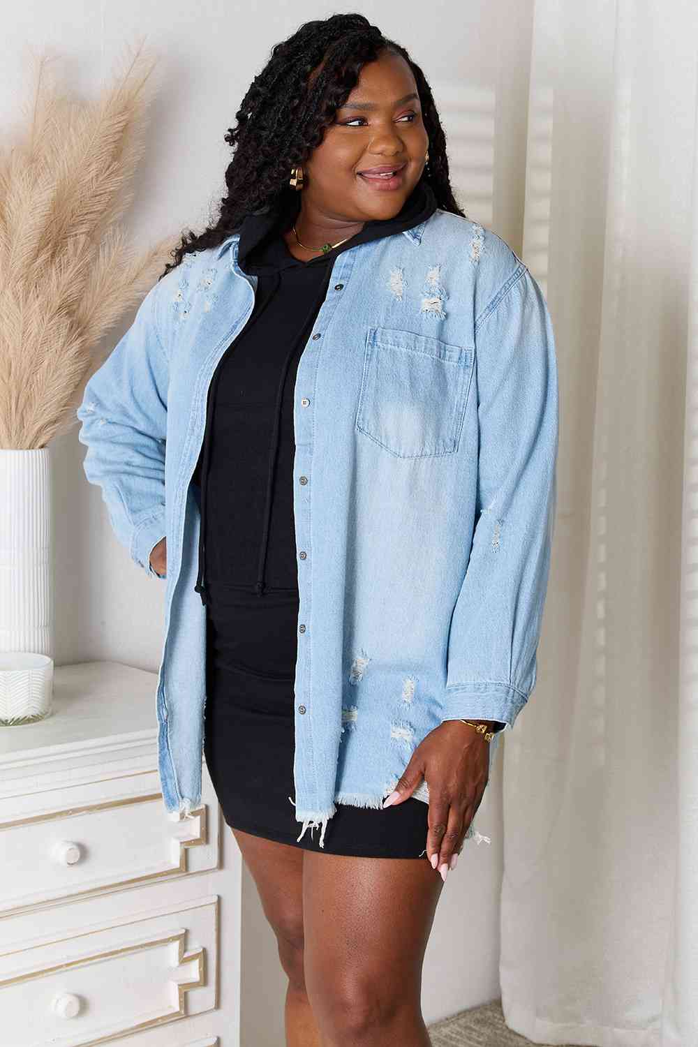 RISEN Distressed Raw Hem Denim Shacket