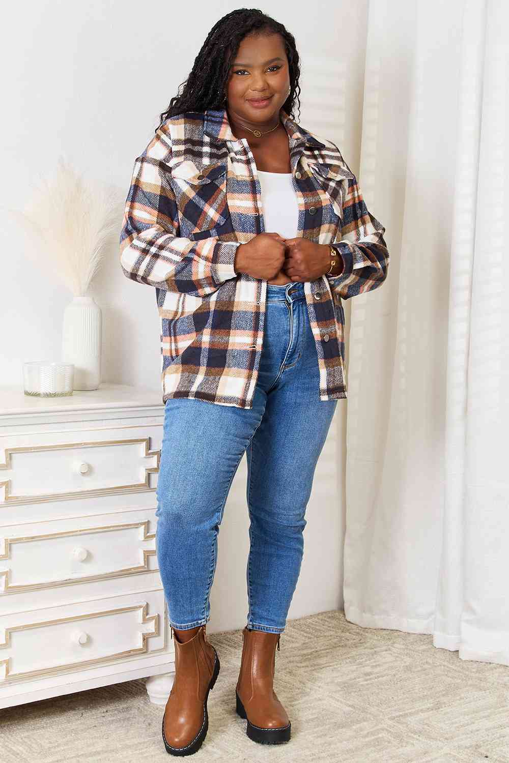 Double Take Plaid Button Down Shirt Jacket!