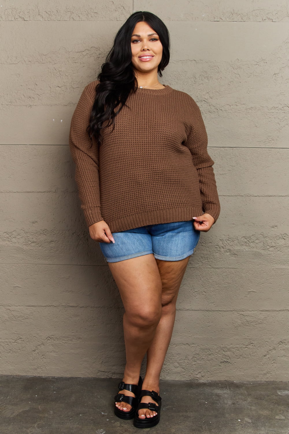 Zenana Breezy Days Curvy Girl Exclusive High Low Waffle Knit Sweater