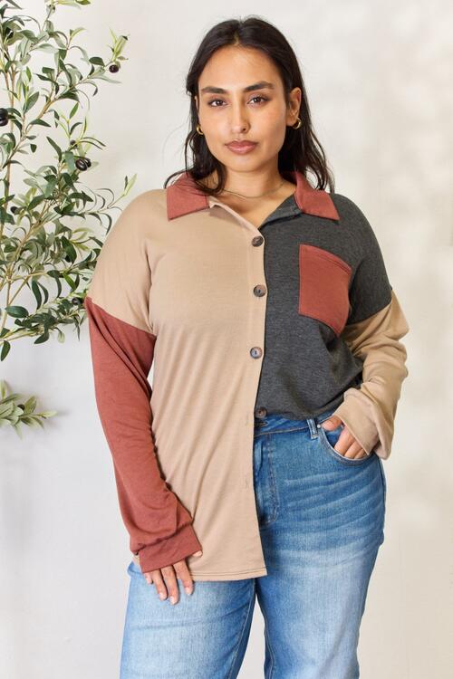 Block Button Down Long Sleeve Top