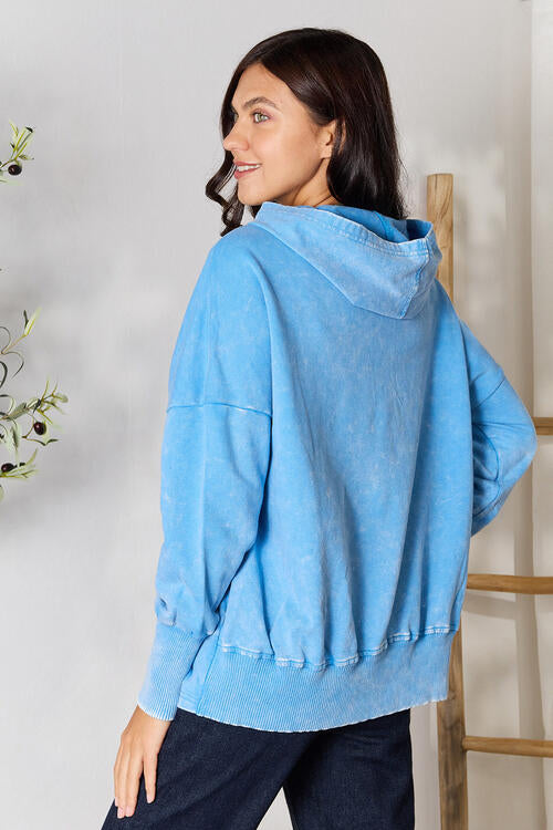 French Terry Acid Wash Half Snap Kangaroo Pocket Hoodie