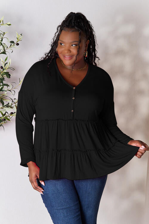 Double Take Half Button Long Sleeve Ruffle Hem Blouse - Multiple Colors!