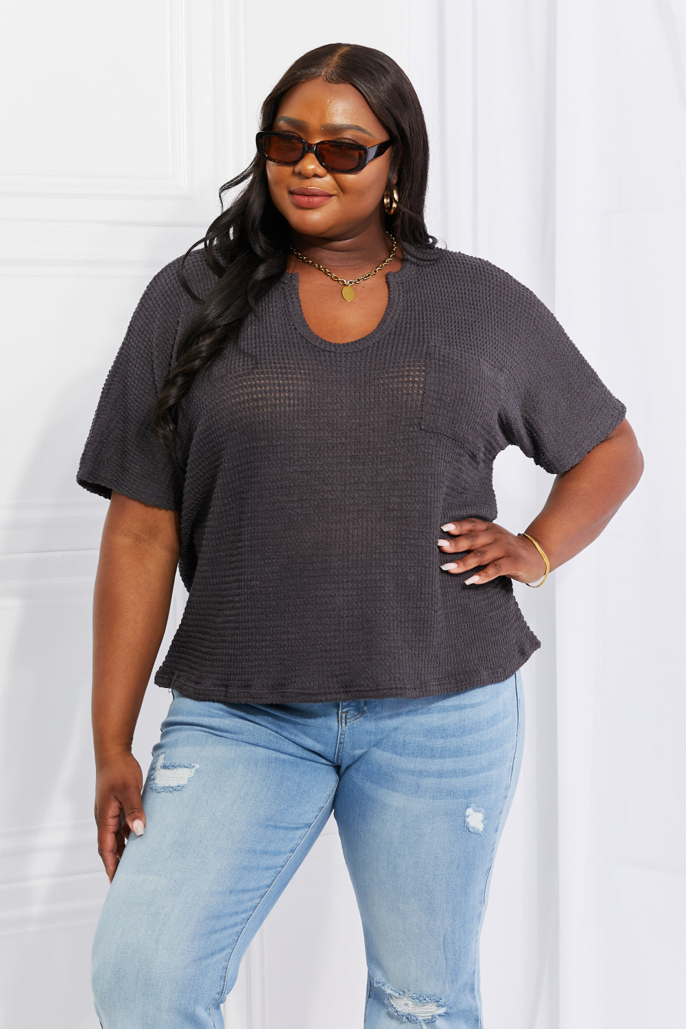 Zenana Spring It On Keyhole Jacquard Sweater in Gray