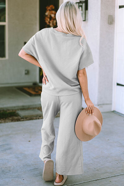 Double Take Textured Short Sleeve Top and Pants Set - 3 Color Options!