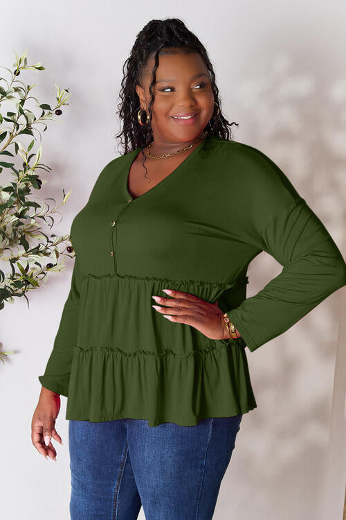 Double Take Half Button Long Sleeve Ruffle Hem Blouse - Multiple Colors!