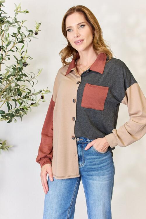 Block Button Down Long Sleeve Top