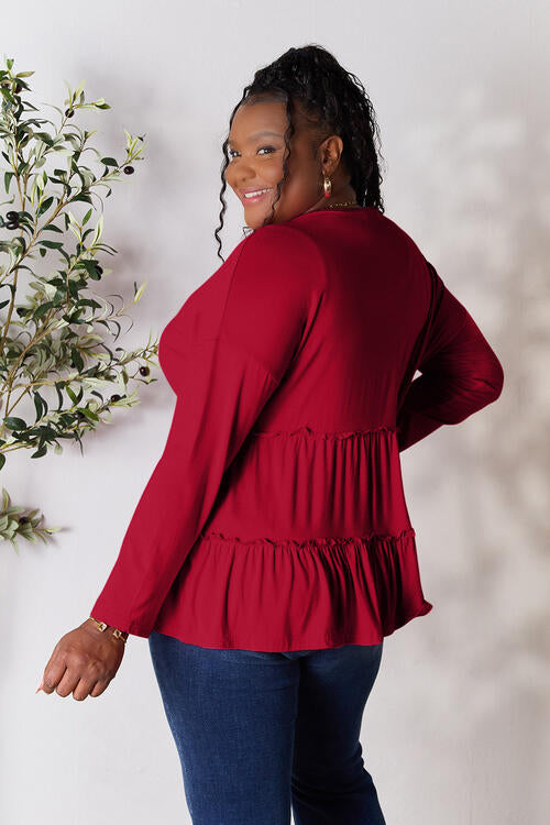 Double Take Half Button Long Sleeve Ruffle Hem Blouse - Multiple Colors!