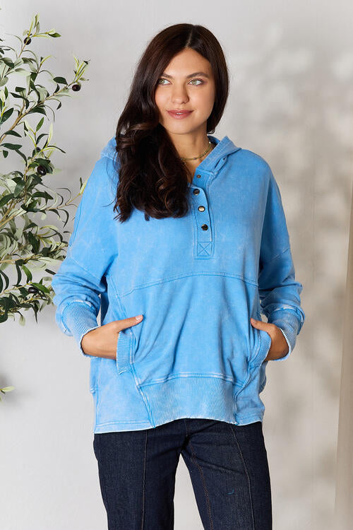 French Terry Acid Wash Half Snap Kangaroo Pocket Hoodie