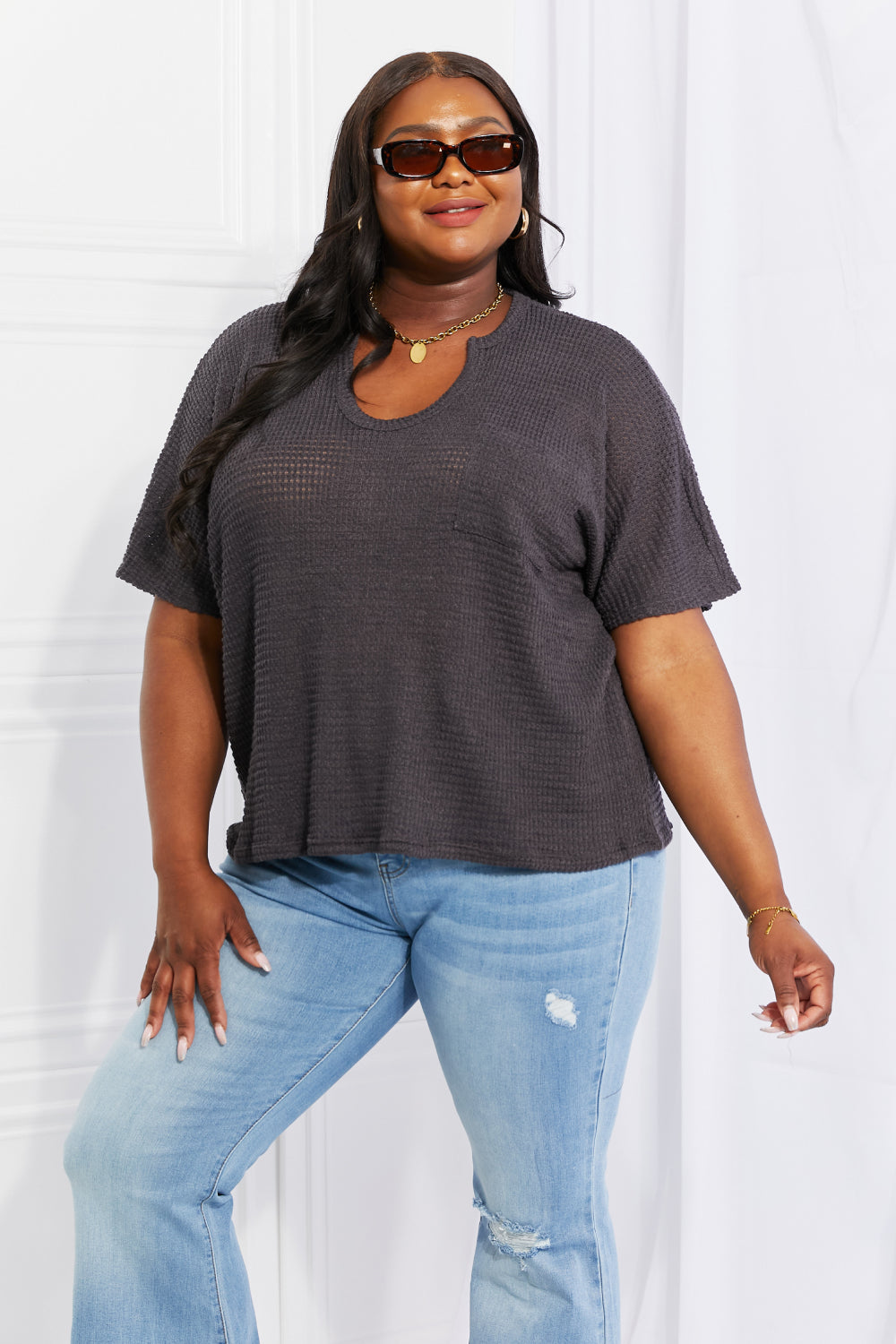 Zenana Spring It On Keyhole Jacquard Sweater in Gray