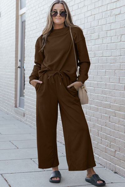 Double Take Textured Long Sleeve Top and Drawstring Pants Set - 6 color options!