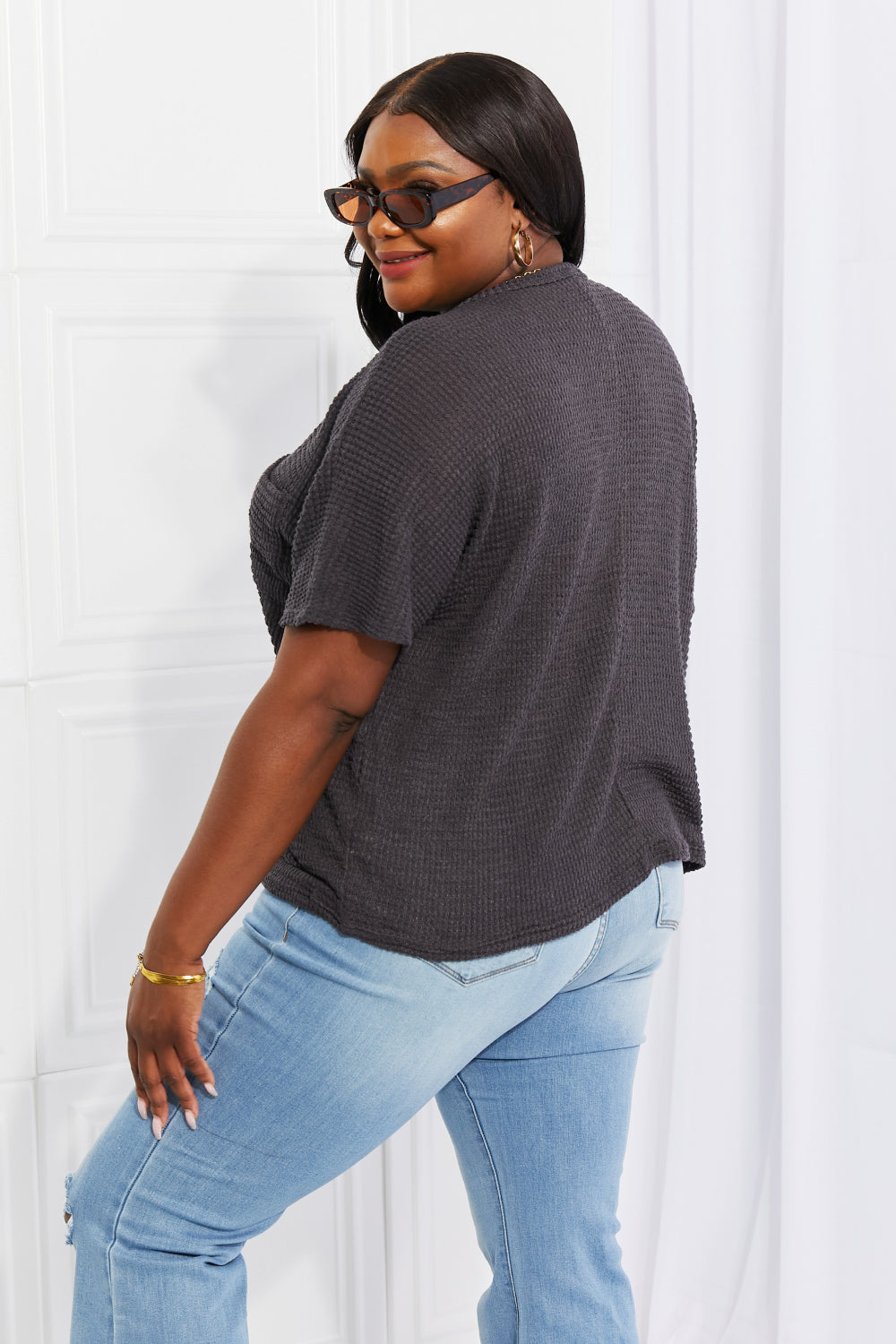 Zenana Spring It On Keyhole Jacquard Sweater in Gray