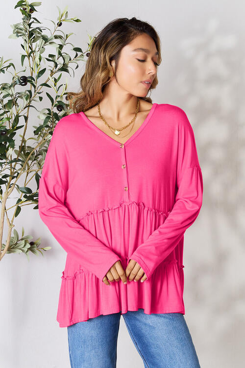 Double Take Half Button Long Sleeve Ruffle Hem Blouse - Multiple Colors!