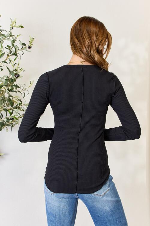 Black Perfection Ribbed Round Neck Long Sleeve Top