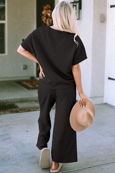 Double Take Textured Short Sleeve Top and Pants Set - 3 Color Options!