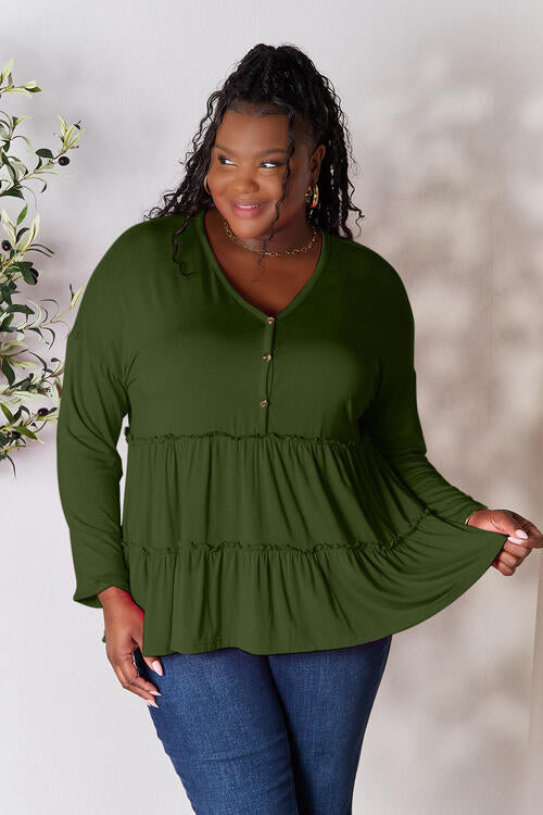 Double Take Half Button Long Sleeve Ruffle Hem Blouse - Multiple Colors!