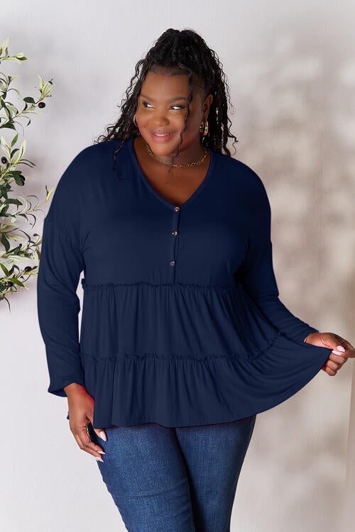 Double Take Half Button Long Sleeve Ruffle Hem Blouse - Multiple Colors!