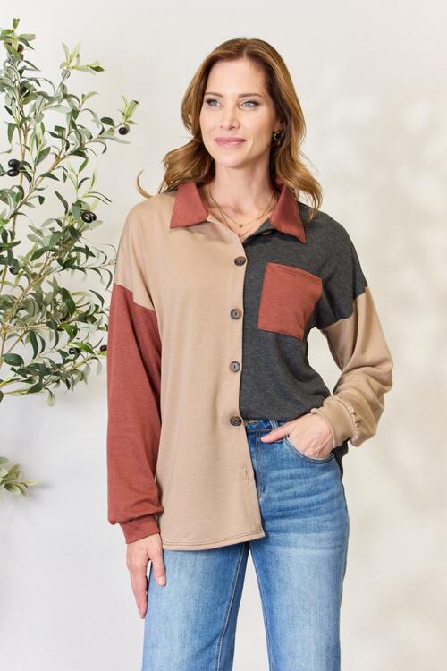 Block Button Down Long Sleeve Top