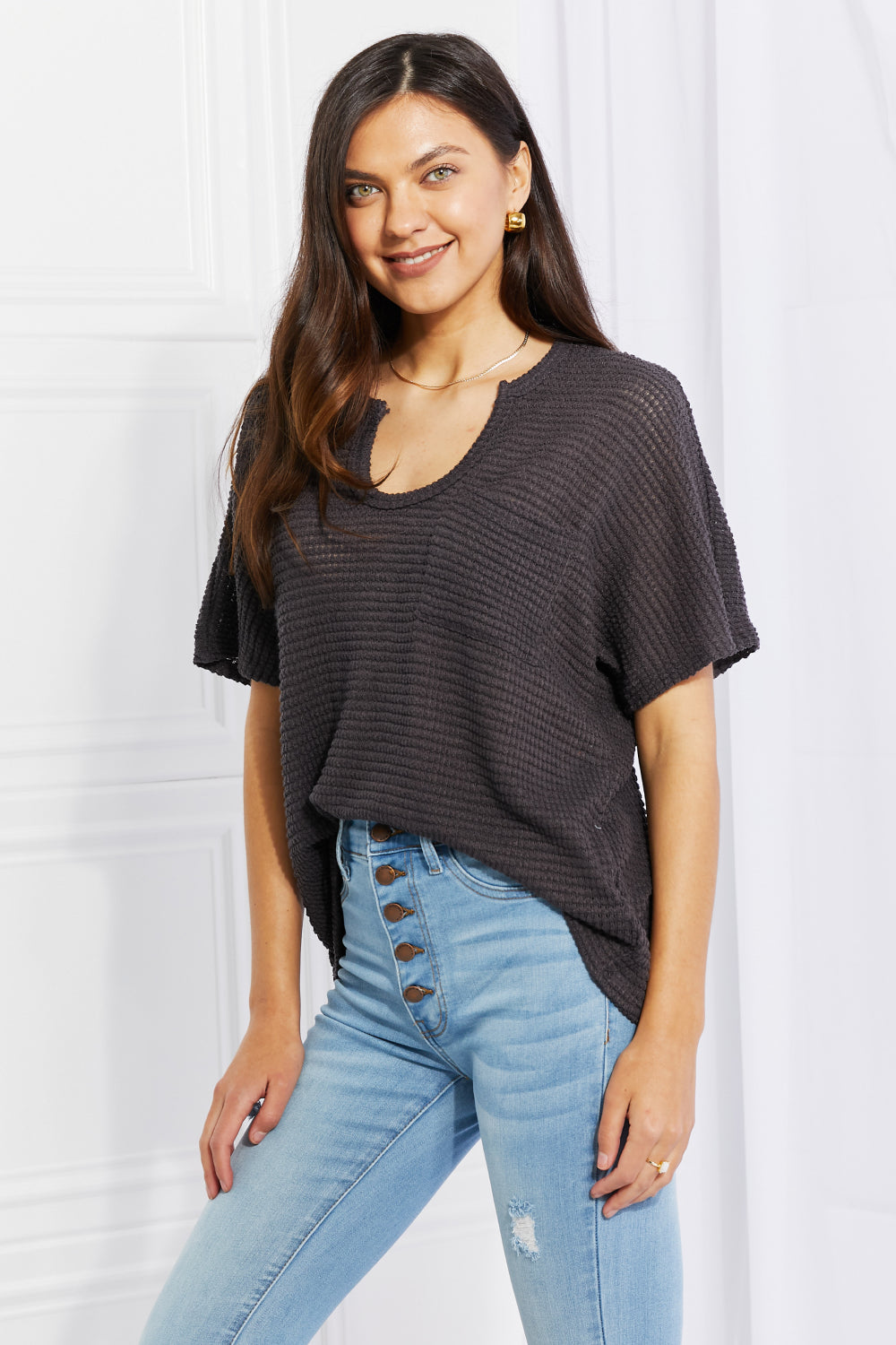 Zenana Spring It On Keyhole Jacquard Sweater in Gray