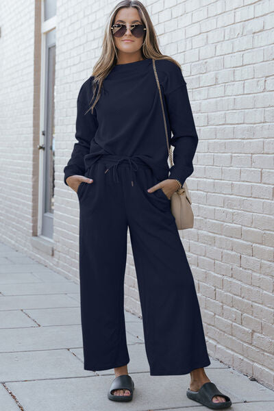 Double Take Textured Long Sleeve Top and Drawstring Pants Set - 6 color options!