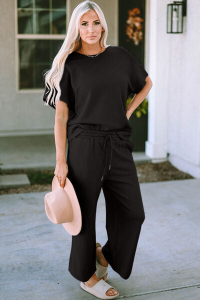 Double Take Textured Short Sleeve Top and Pants Set - 3 Color Options!