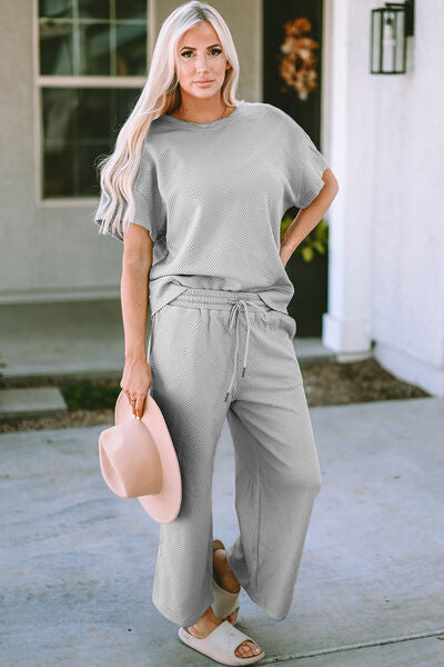 Double Take Textured Short Sleeve Top and Pants Set - 3 Color Options!