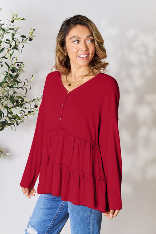 Double Take Half Button Long Sleeve Ruffle Hem Blouse - Multiple Colors!