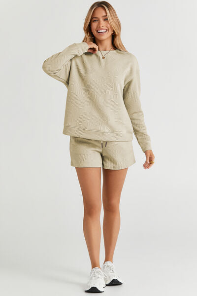 Double Take Textured Long Sleeve Top and Drawstring Shorts Set - 5 Color Options!