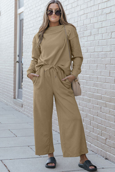 Double Take Textured Long Sleeve Top and Drawstring Pants Set - 6 color options!