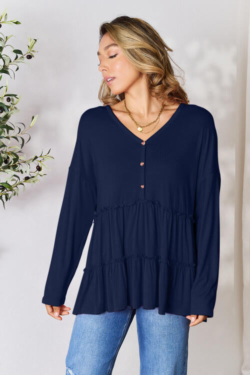 Double Take Half Button Long Sleeve Ruffle Hem Blouse - Multiple Colors!