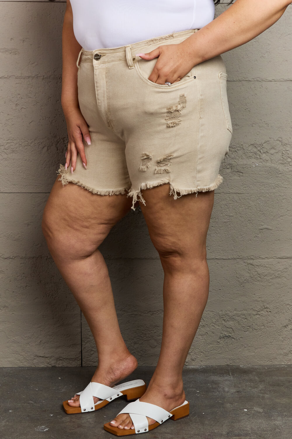 RISEN Katie High Waisted Distressed Shorts in Sand