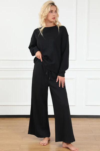 Double Take Textured Long Sleeve Top and Drawstring Pants Set - 6 color options!