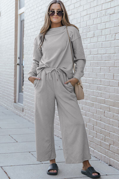 Double Take Textured Long Sleeve Top and Drawstring Pants Set - 6 color options!