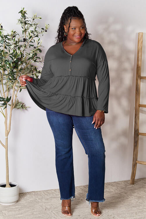 Double Take Half Button Long Sleeve Ruffle Hem Blouse - Multiple Colors!
