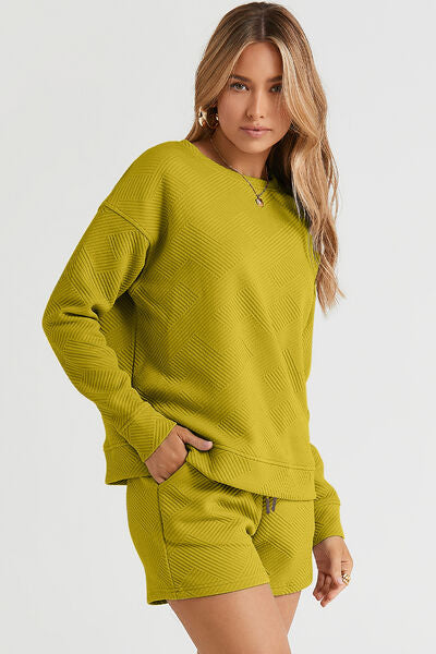 Double Take Textured Long Sleeve Top and Drawstring Shorts Set - 5 Color Options!