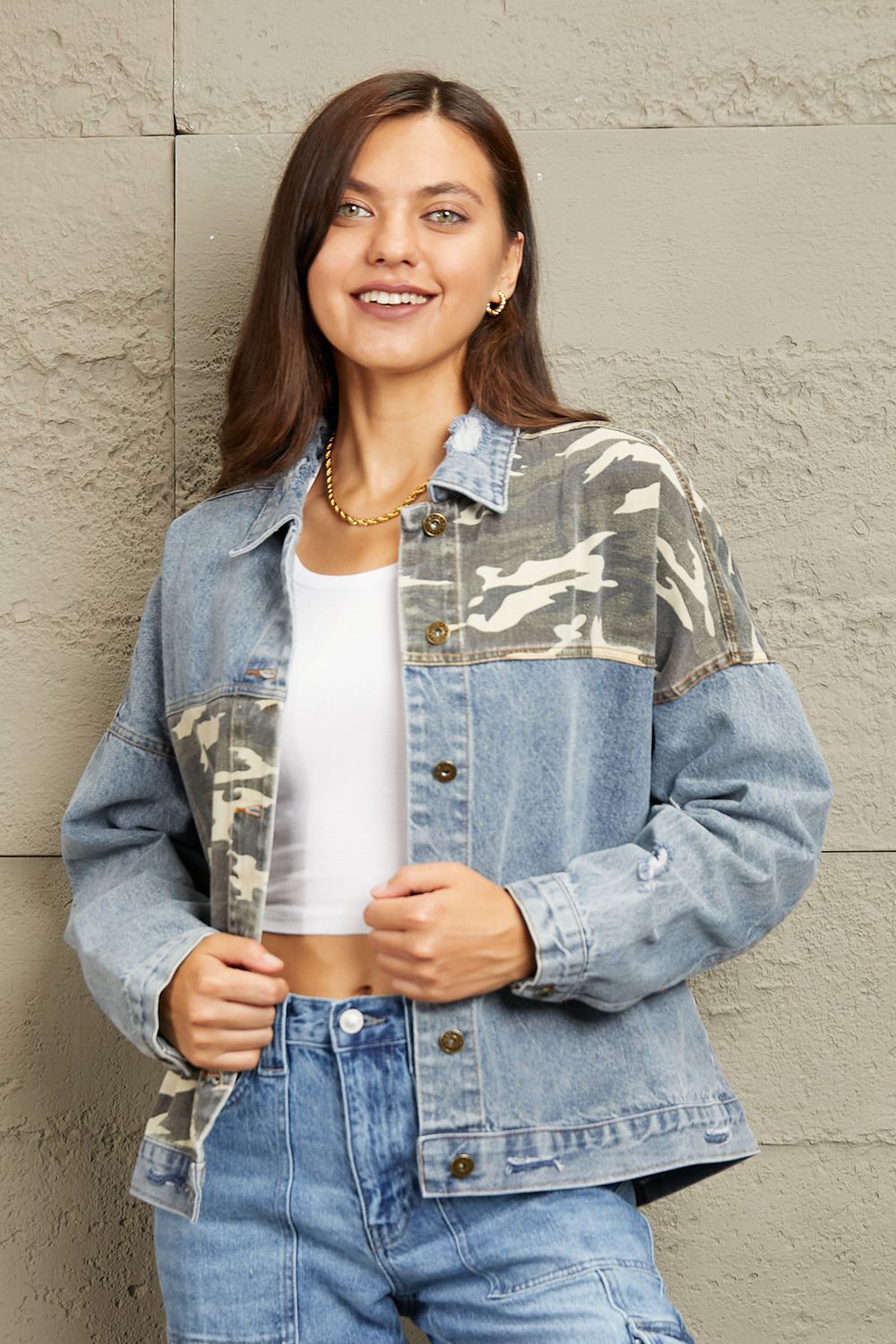 GeeGee Washed Denim Camo Contrast Jacket