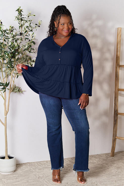 Double Take Half Button Long Sleeve Ruffle Hem Blouse - Multiple Colors!