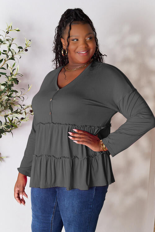 Double Take Half Button Long Sleeve Ruffle Hem Blouse - Multiple Colors!