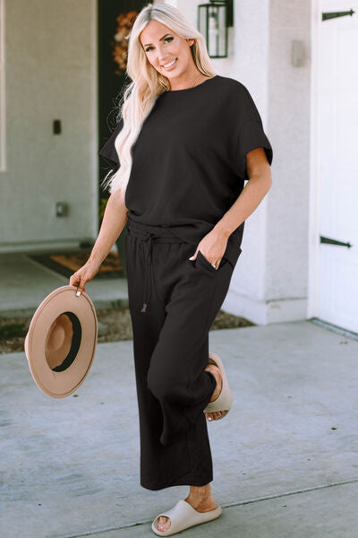 Double Take Textured Short Sleeve Top and Pants Set - 3 Color Options!