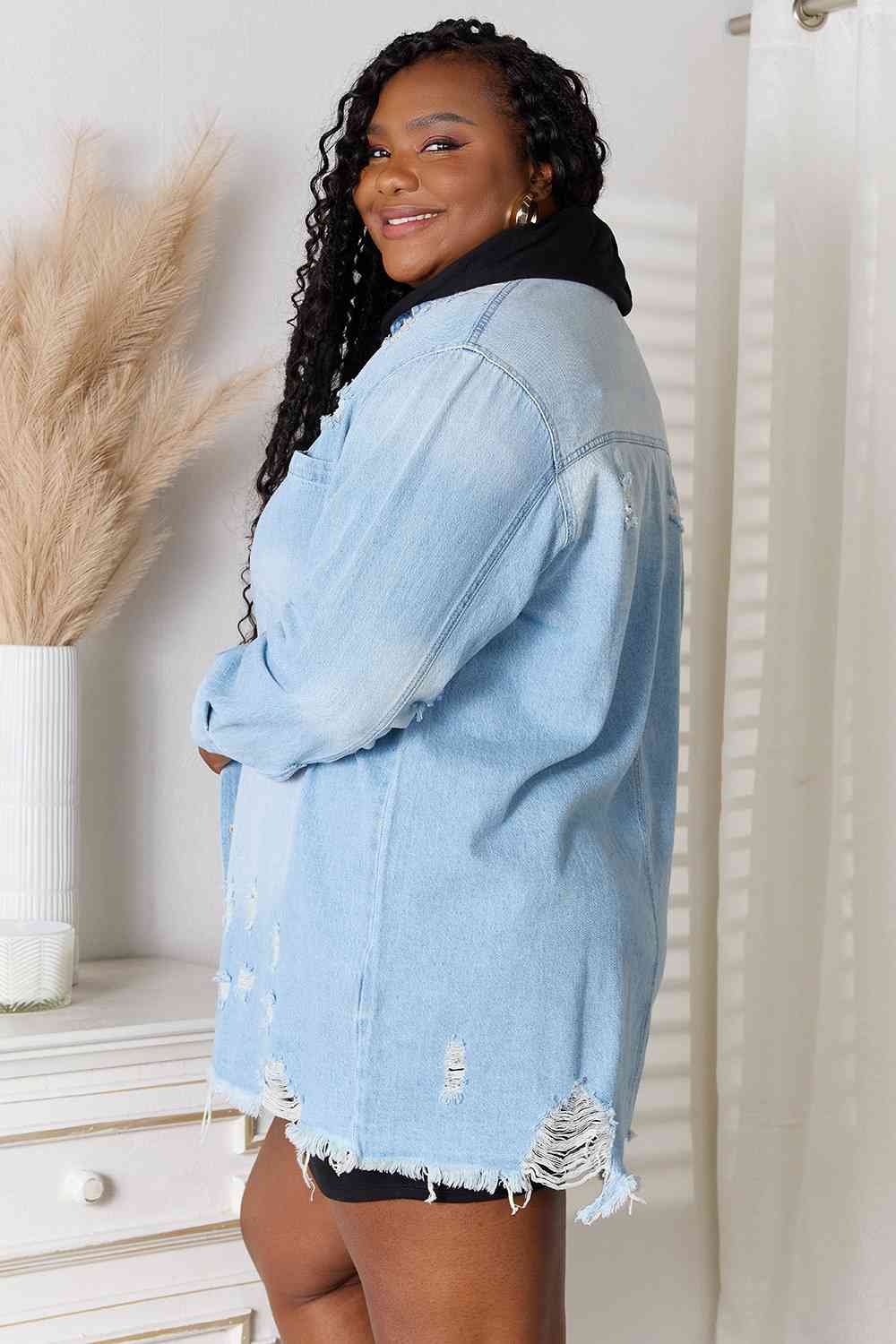 RISEN Distressed Raw Hem Denim Shacket