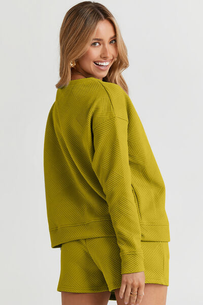 Double Take Textured Long Sleeve Top and Drawstring Shorts Set - 5 Color Options!