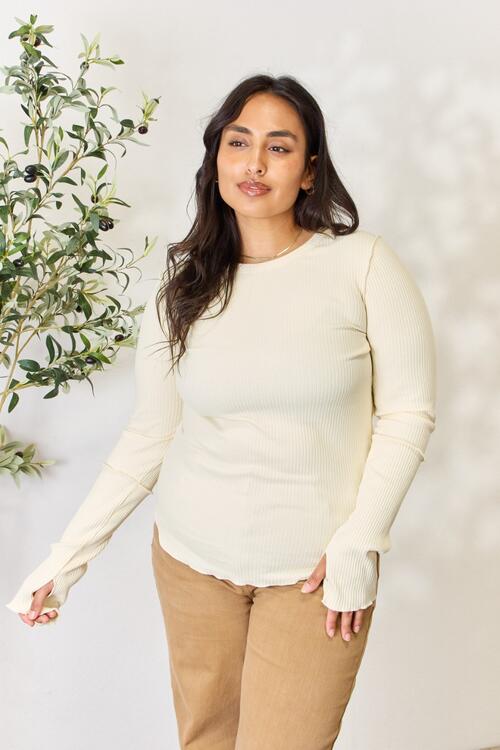 Ivory Perfection Ribbed Round Neck Long Sleeve Top